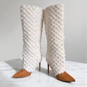 Azalea Wang Beige Quilted Sherpa Tan Suede Knee-High Stiletto Boots Size 9 NWB